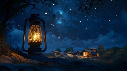 Glowing Ramadan lanterns under a stunning starry background, peaceful night scene, extra space reserved for text