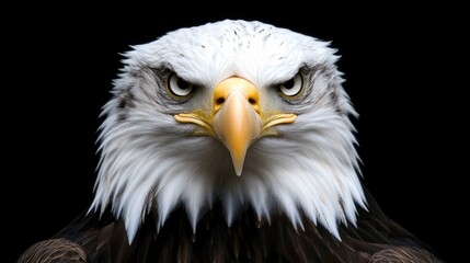 Obraz premium Majestic bald eagle portrait emphasizing fierce gaze and striking features against a dark background showcasing its powerful presence