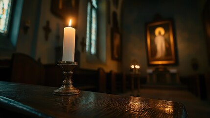 A single white candle on a wooden table softly illuminating a religious painting nearby