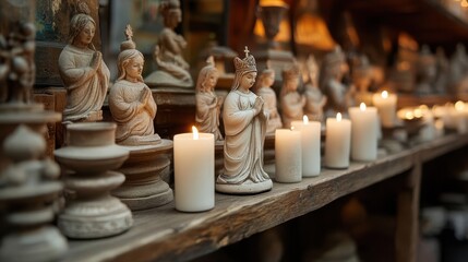 Fototapeta premium A row of white votive candles on a wooden shelf flickering softly and illuminating nearby statues