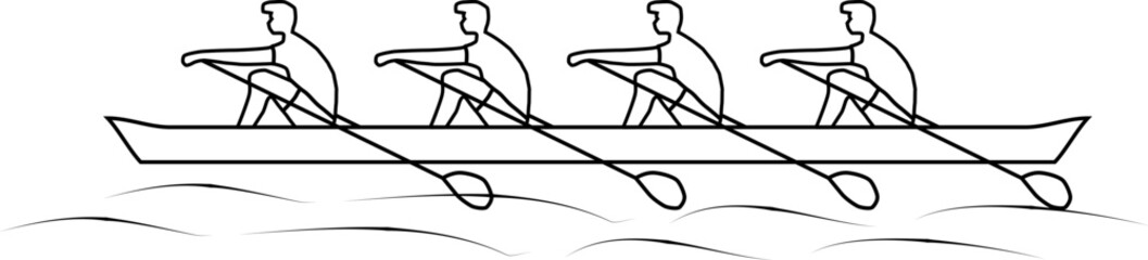Vector image of a four-person rowing boat with oars moving in unison, causing waves in the water. © reza