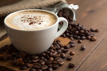 Close-Up of Coffee Cup with Coffee Beans