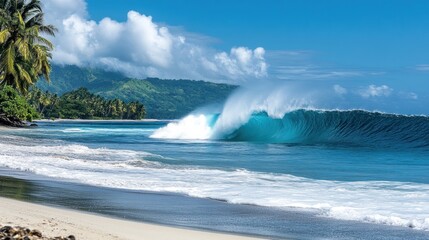 Naklejka premium A Sea water wave. powerful teahupoo wave, famous for surfing, looms with crystal blue waters and frothy white spray