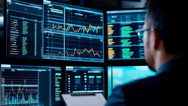 A data analyst focuses intently on several screens displaying graphs and charts, analyzing market trends and making important decisions in a high-tech office setting.
