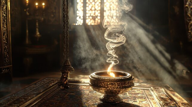 A bronze censer releasing delicate spirals of smoke above a richly embroidered altar cloth