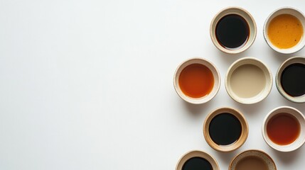 Variety of sauces arranged in bowls with a blank space for text creating a minimalist culinary backdrop for advertising or presentations