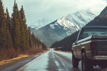 A pickup truck drives on a scenic mountain road with a snorkel visible in front and stunning nature...