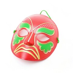 A vibrant red mask with green designs, featuring expressive features, ideal for celebrations or theatrical performances.