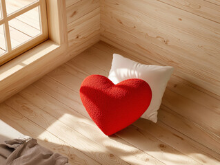 Cozy interior with red heart shaped pillow and white cushion on wooden floor. warm sunlight creates serene atmosphere. Valentines Concept