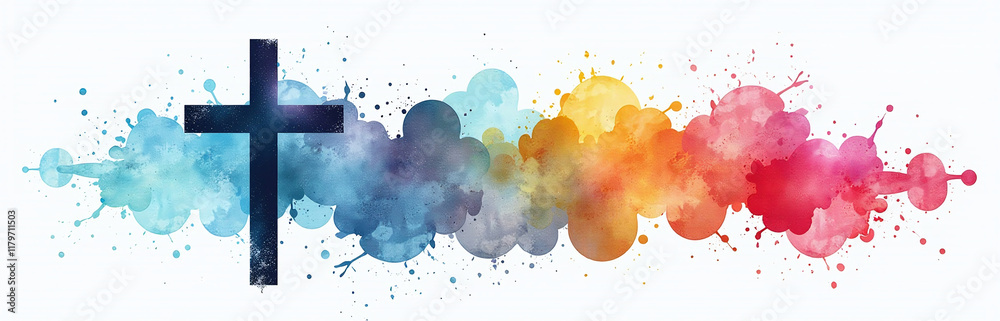 Poster a christian symbol featuring a dark cross against colorful watercolor splashes set against a white b