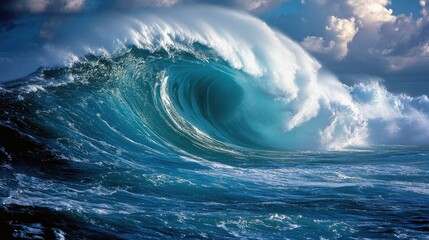 Fototapeta premium A Sea water wave. powerful teahupoo wave, famous for surfing, looms with crystal blue waters and frothy white spray