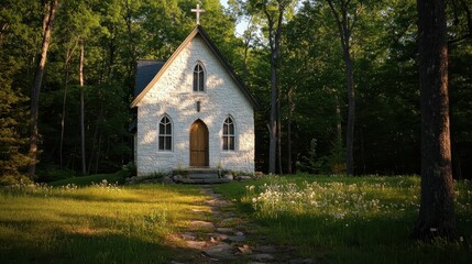 Obraz premium A white stone chapel at the edge of a forest long shadows stretching across the path at sunset