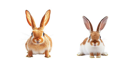 Fototapeta premium Two Adorable Domestic Rabbits with Distinctive Features and Expressions in a Close-Up Setting on White Background