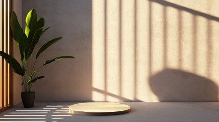 Fototapeta premium Minimalist interior scene with round wooden platform, plant, and sunlight shadows on beige wall.