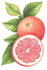 A colorful illustration of a whole grapefruit and its sliced half, surrounded by green leaves.