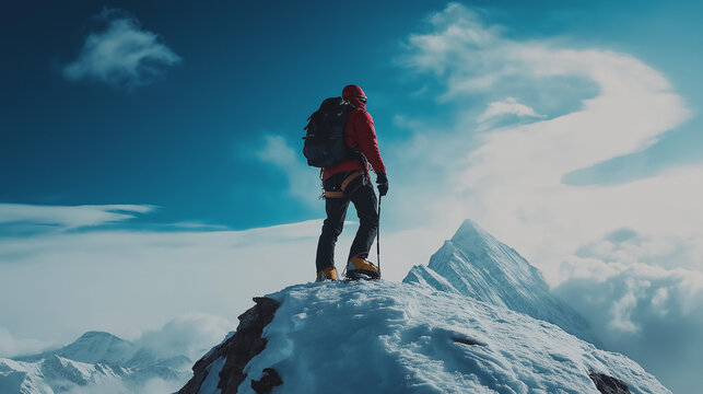 A person climbs tall mountains in competition with himself. - Powered by Adobe