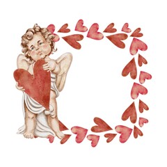 Red and pink hearts and Cupid holding big heart in his hands frame on white. Watercolor illustration for cards, invitations, holidays Spring, birthday, Valentine's Day, wedding or Mother's Day