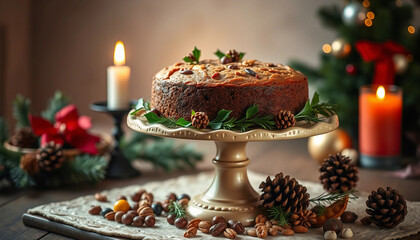 Naklejka premium Decorative holiday cake surrounded by pinecones, dried fruits, and glowing candles, set on a rustic wooden table in a cozy and festive seasonal atmosphere.