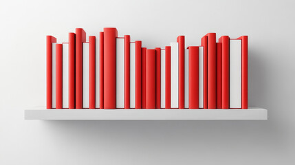 Books on white bookshelf, bestseller mockup with red cover stand on shelf in library or store. Booklets, diary volumes with empty spines stand in row at rack hang on wall, realistic 3d vector mock up