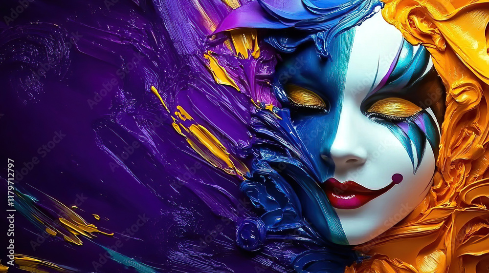 Wall mural Carnival is a vibrant festival of creativity. People wear artistic masks to celebrate. Colorful Mask and Abstract Paint Blends in Artistic Celebration