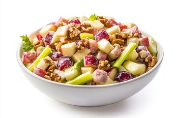 Apple celery walnut and grape salad in a white bowl on a white background