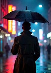 Rainy evening stroll through a vibrant city with neon lights and reflections
