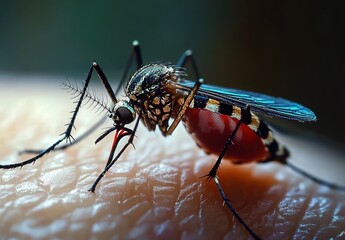 Close-up of a mosquito with a red body and black and white wings on the skin of a person's arm