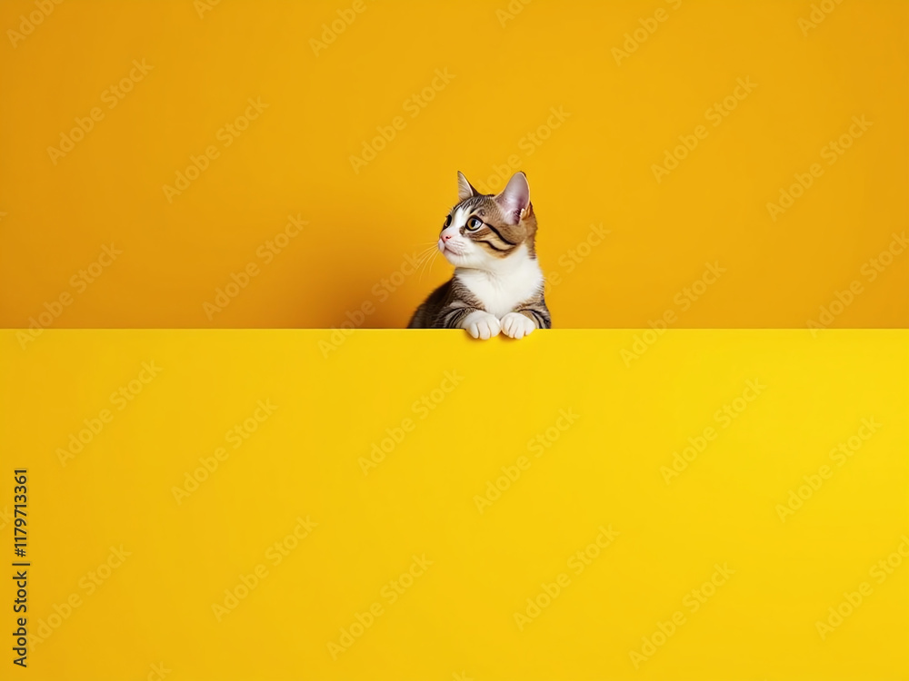 Poster a cat sits above a bright yellow and orange banner with copy space to fill in web design templates g