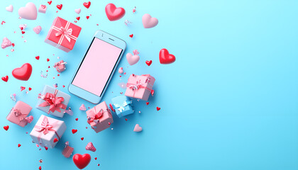 Fototapeta na wymiar Valentine's day concept, mobile phone with gift boxes and hearts on blue background