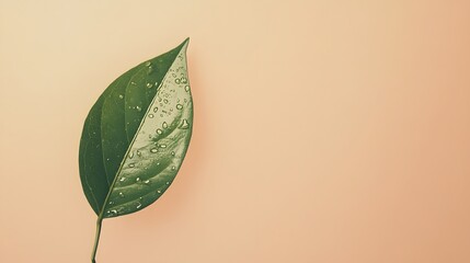 A dark green elongated leaf with glistening water droplets against a soft pale peach background
