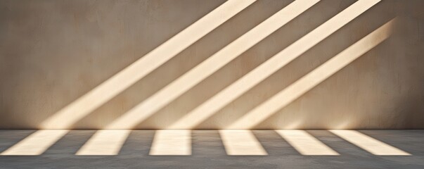 A minimalist interior featuring sunlight casting striped shadows on a smooth surface, creating a serene and artistic atmosphere.