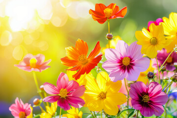 Fototapeta premium Beautiful spring summer bright natural background with colorful cosmos flowers close up.
