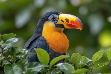 vibrant toucan bird perched on tropical branch surrounded by exotic green foliage in natural wildlife photography setting