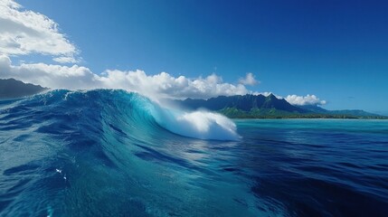 A Sea water wave. powerful teahupoo wave, famous for surfing, looms with crystal blue waters and frothy white spray