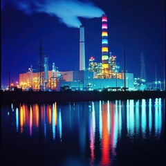 Fototapeta premium Gigapixel view of illuminated power plant operations in industrial waterfront setting