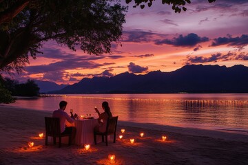 Romantic candlelit dinner for two on a picturesque beach at sunset