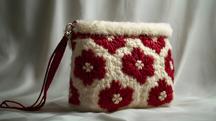 Handcrafted red and cream flower purse on white backdrop.