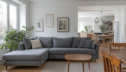 Modern Gray Sectional Sofa in Open Plan Living Room Interior Design