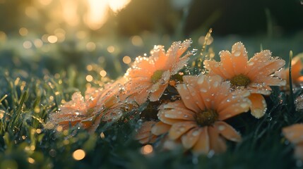 Dew-covered petals of flowers in serene field