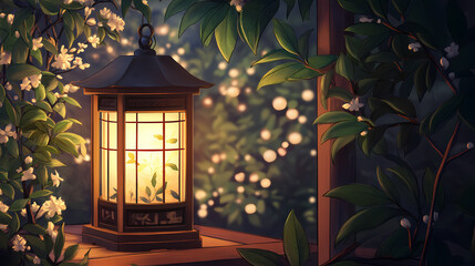 Intricately designed lantern illuminating a cozy indoor space with green leaves and beautiful stone crystals for a serene atmosphere. Glowstone. Illustration