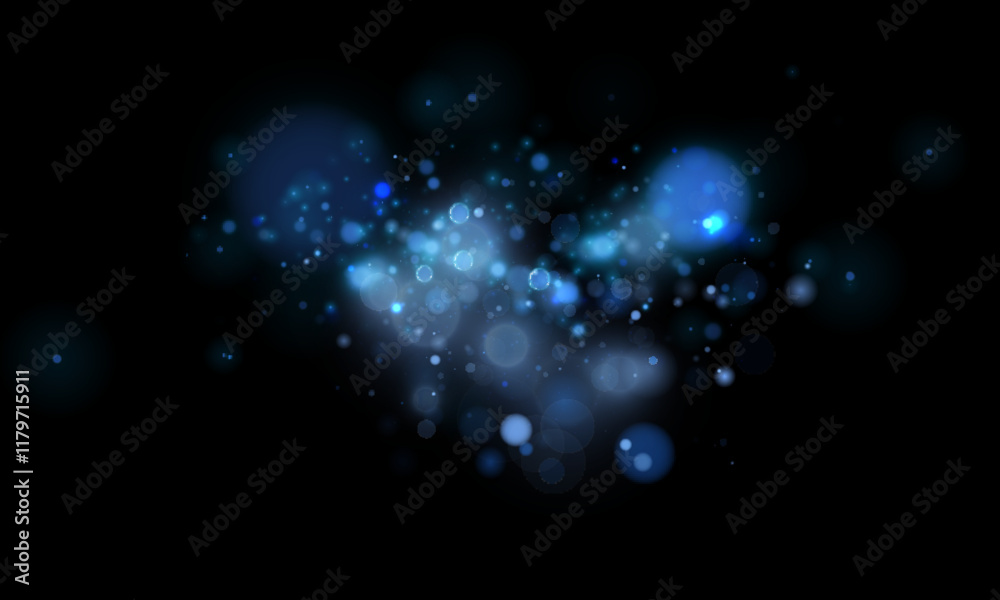 Poster magical bright blue cloud of glittering bokeh highlights. small, bright bokeh glitter particles and 