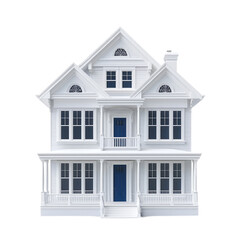 Elegant Victorian-style house with white exterior, blue door, and decorative windows showcasing classic architecture in a timeless design