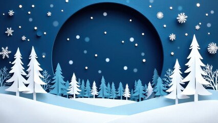 Naklejka premium A serene winter scene features a vast blue sky flecked with white stars, suspended in a swirling vortex of snowflakes against a deep cerulean backdrop