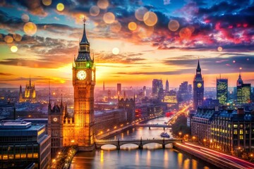 Fototapeta premium London Landmark Double Exposure: Big Ben & Cityscape at Sunset