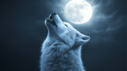 Naklejka premium Majestic white wolf howling at a luminous full moon. mystical, ethereal artwork with glowing particles. Glowstone. Illustration