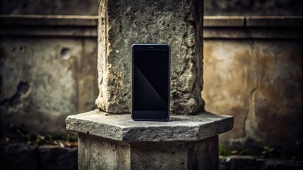 Lonely Black Phone on Stone Pedestal, Blank White Screen - Stock Photo