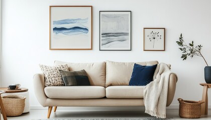 Modern Beige Sofa Abstract Wall Art Cozy Living Room Interior Design