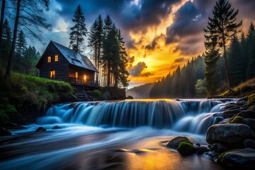 Lonely House by Waterfall, Forest River Silhouette Photography