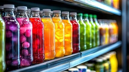 Assortment of Colorful Refreshing Drinks on Store Shelf