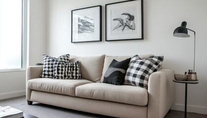 Modern Beige Sofa Decor Black White Pillows Abstract Art Prints